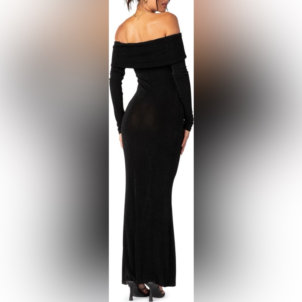 Edikted Black Off Shoulder Maxi Dress Long Sleeve Bodycon Size L NWT - Picture 3 of 7